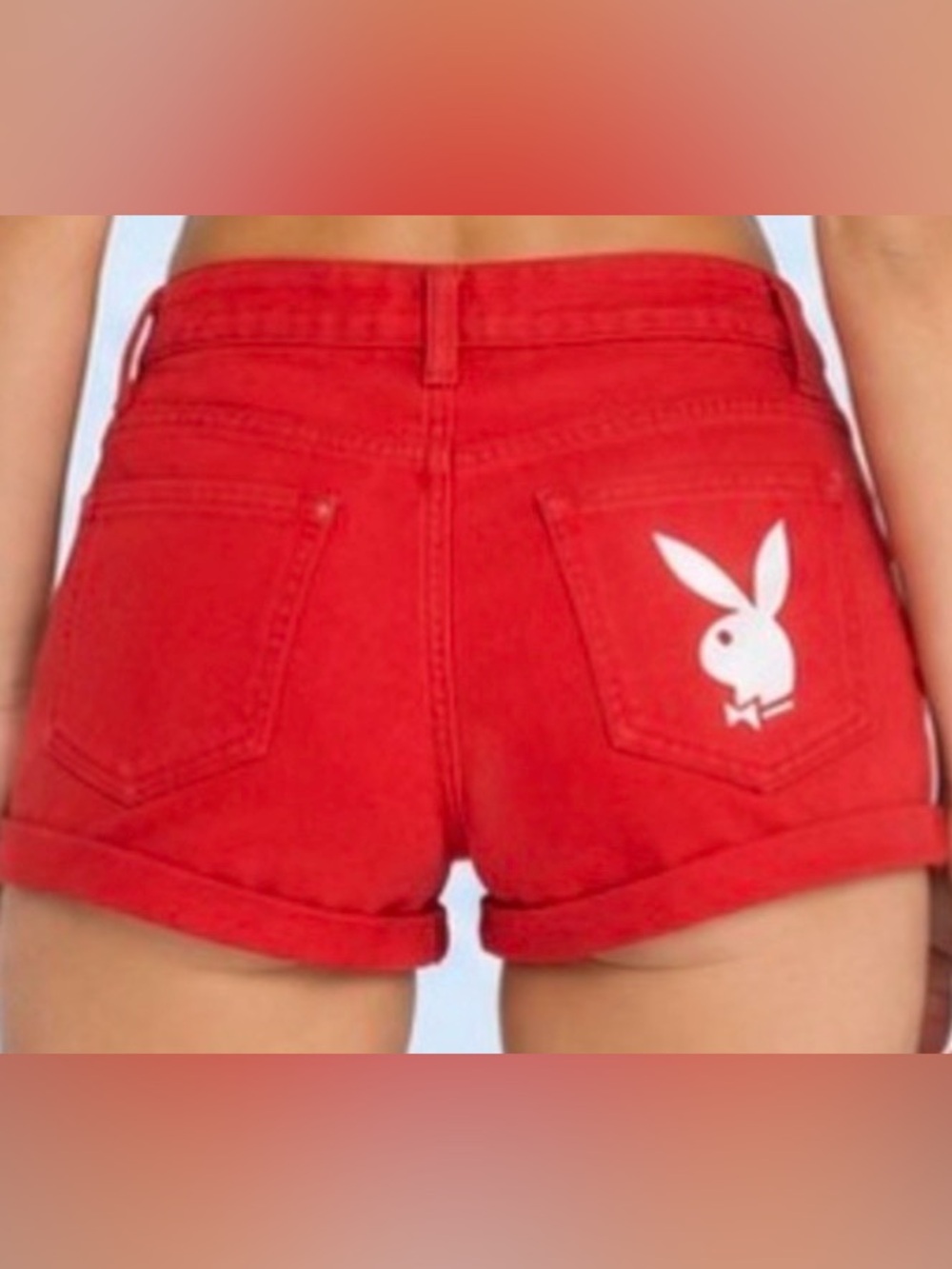 PLAYBOY Red High-Waist Jean Shorts with White Bunny Logo